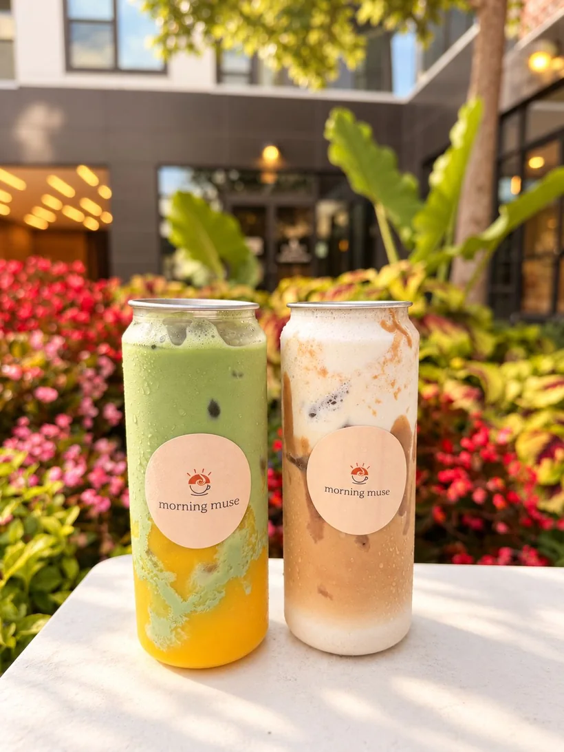 Two Morning Muse canned drinks among fresh flowers