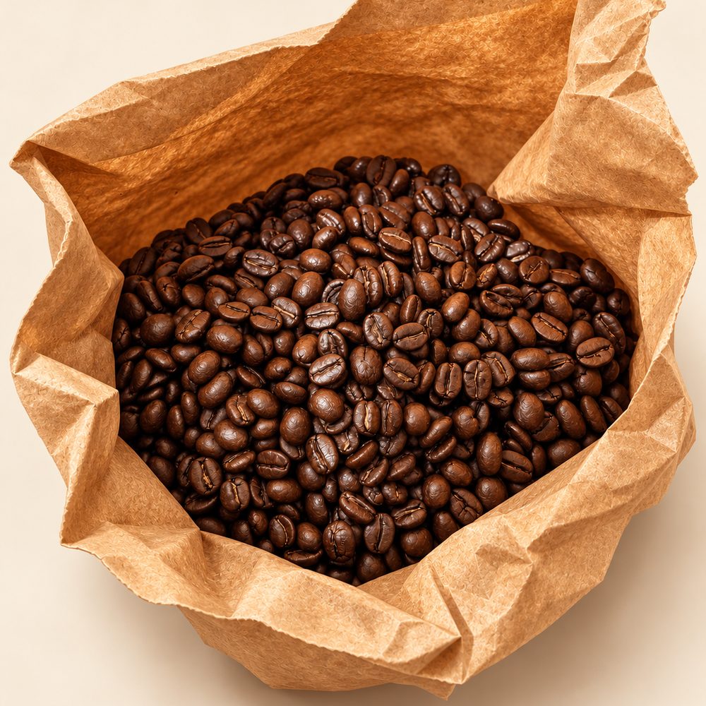Freshly roasted coffee beans in a kraft bag