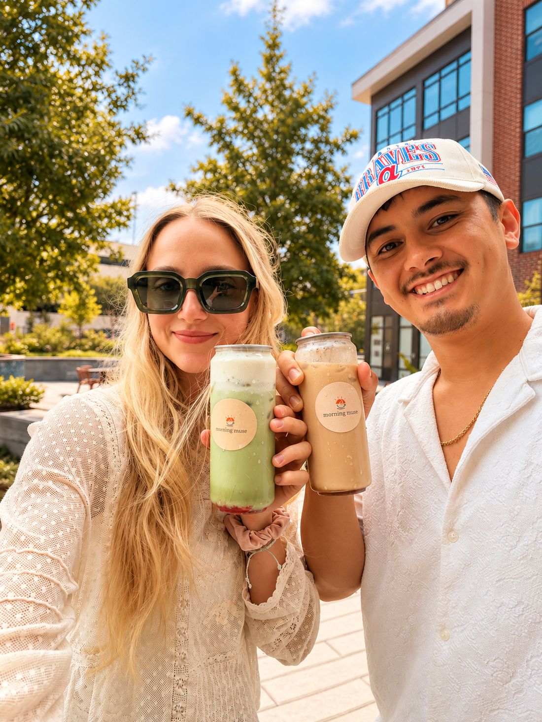 Brandon and Elena holding Morning Muse drinks