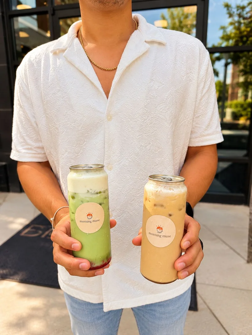 A Morning Muse regular holding two canned drinks at the market
